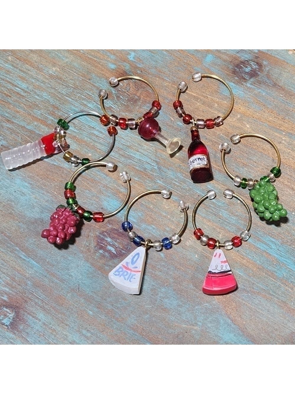 Wine glass drink charms lot of 7 cheese grapes bottle beaded